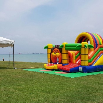 colourful inflatable bouncy castle on grass field near sea, small white tent beside it, empty, daytime