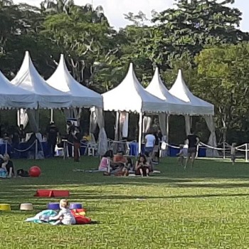 row of white pagoda tents on grass field in park, people relaxing with children, daytime picnic setting