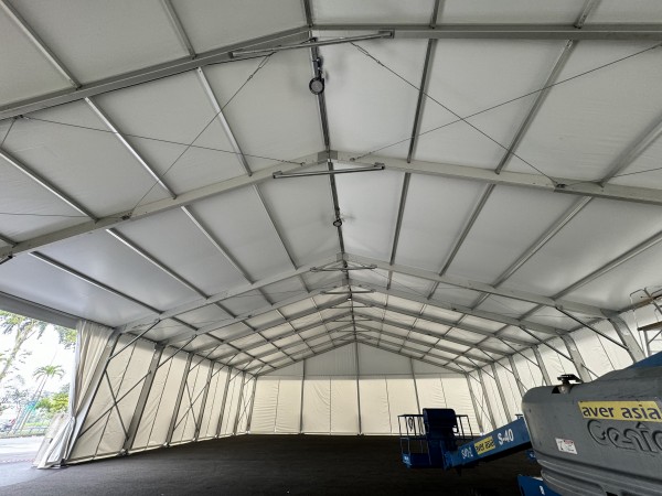 Industrial Warehouse Tent Interior with Aerial Work Platform